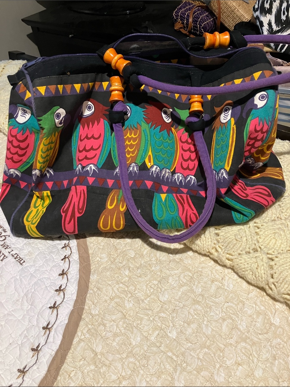 Vintage parrots Sun N Fun Printed Canvas Tote with Purple Handles